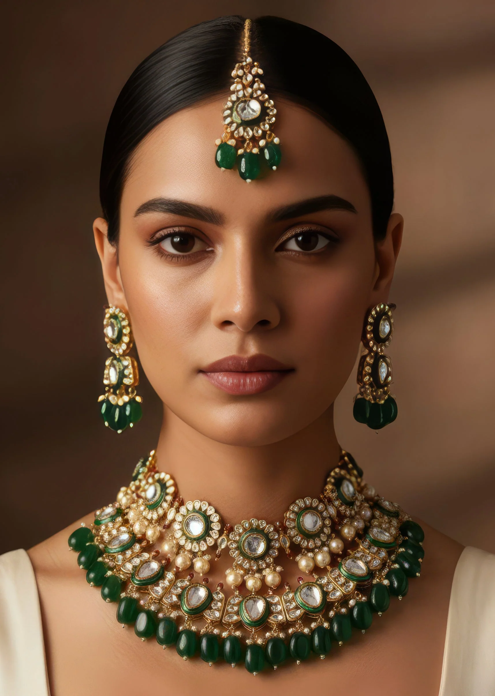 541-gold-finish-grand-kundan-choker-necklace-set-with-green-enamel-and-green-beads-1.webp Gold Finish Grand Kundan Choker Necklace Set With Green Enamel And Green Beads