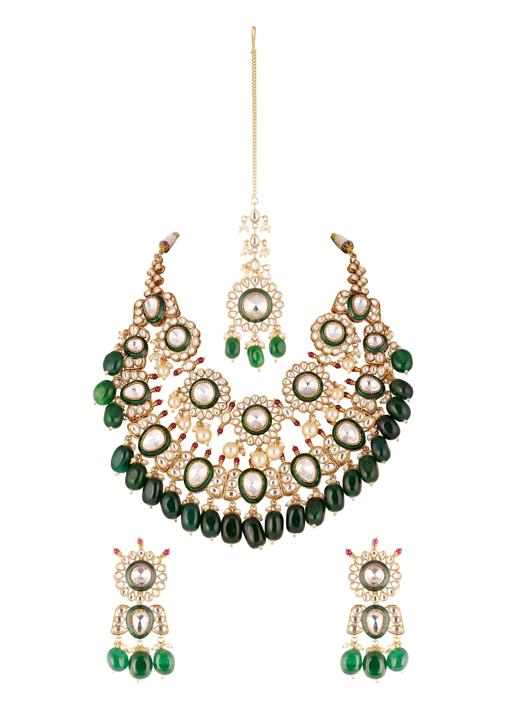 541-gold-finish-grand-kundan-choker-necklace-set-with-green-enamel-and-green-beads-2.webp Gold Finish Grand Kundan Choker Necklace Set With Green Enamel And Green Beads