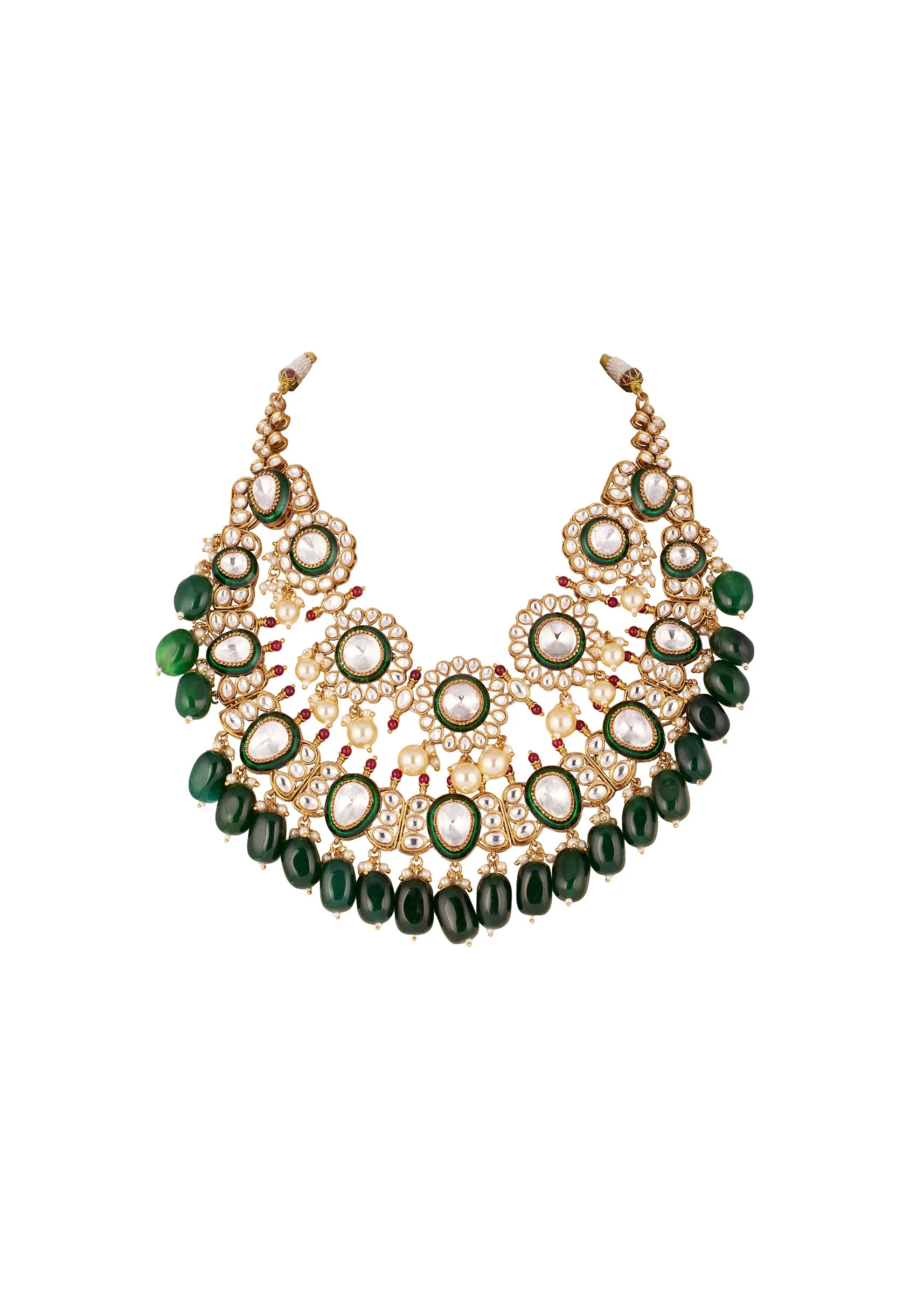 541-gold-finish-grand-kundan-choker-necklace-set-with-green-enamel-and-green-beads-3.webp Gold Finish Grand Kundan Choker Necklace Set With Green Enamel And Green Beads