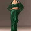 Bottle Green Net Hand Work Fusion Draped Skirt Set