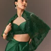 Bottle Green Net Hand Work Fusion Draped Skirt Set