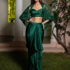 Bottle Green Net Hand Work Fusion Draped Skirt Set