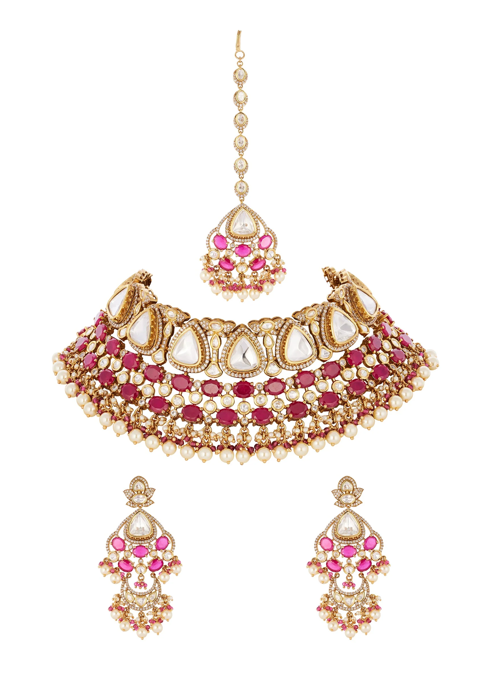 543-red-and-gold-finish-jewellery-set-in-polki-with-semi-precious-stones-and-drops-2.webp Red and Gold Finish Jewellery Set In Polki With Semi Precious Stones And Drops