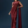 Maroon Ready Pleated Saree With High Neck Blouse