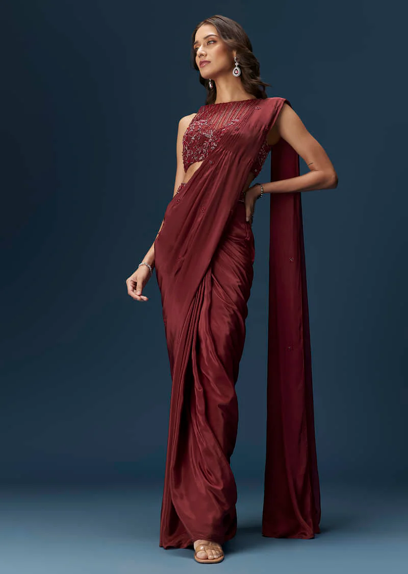 5455-maroon-ready-pleated-saree-with-high-neck-blouse-1.webp Maroon Ready Pleated Saree With High Neck Blouse