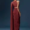 Maroon Ready Pleated Saree With High Neck Blouse