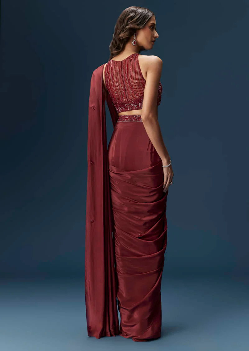 Maroon Ready Pleated Saree With High Neck Blouse