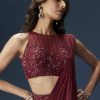 Maroon Ready Pleated Saree With High Neck Blouse