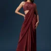 Maroon Ready Pleated Saree With High Neck Blouse
