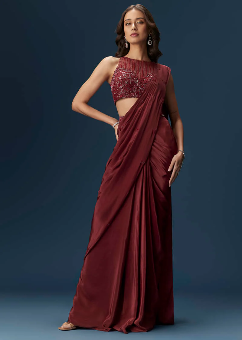 Maroon Ready Pleated Saree With High Neck Blouse