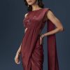 Maroon Ready Pleated Saree With High Neck Blouse