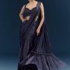 Blue Organza Ready Pleated Saree With Heavy Embroidery