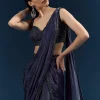 Blue Organza Ready Pleated Saree With Heavy Embroidery