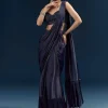 Blue Organza Ready Pleated Saree With Heavy Embroidery