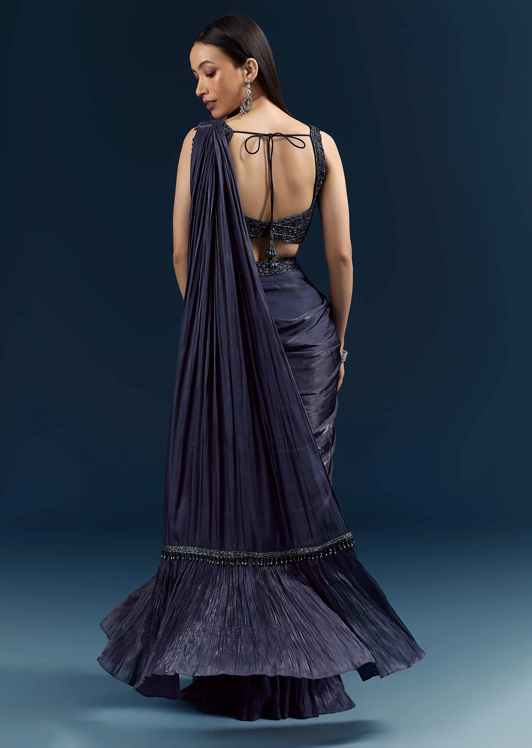 Blue Organza Ready Pleated Saree With Heavy Embroidery