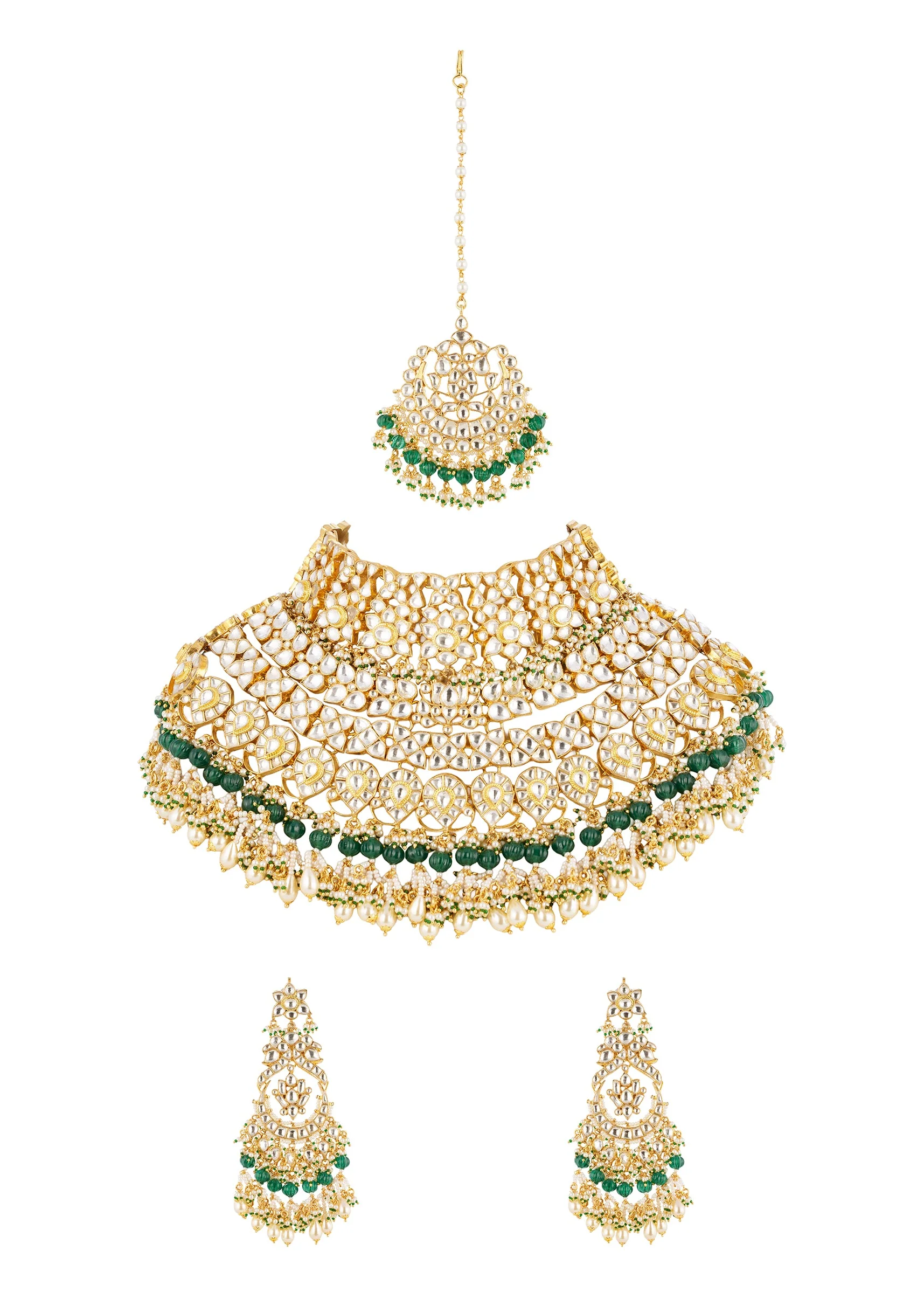 Green Gold Necklace Set With Intricate Kundan Detail