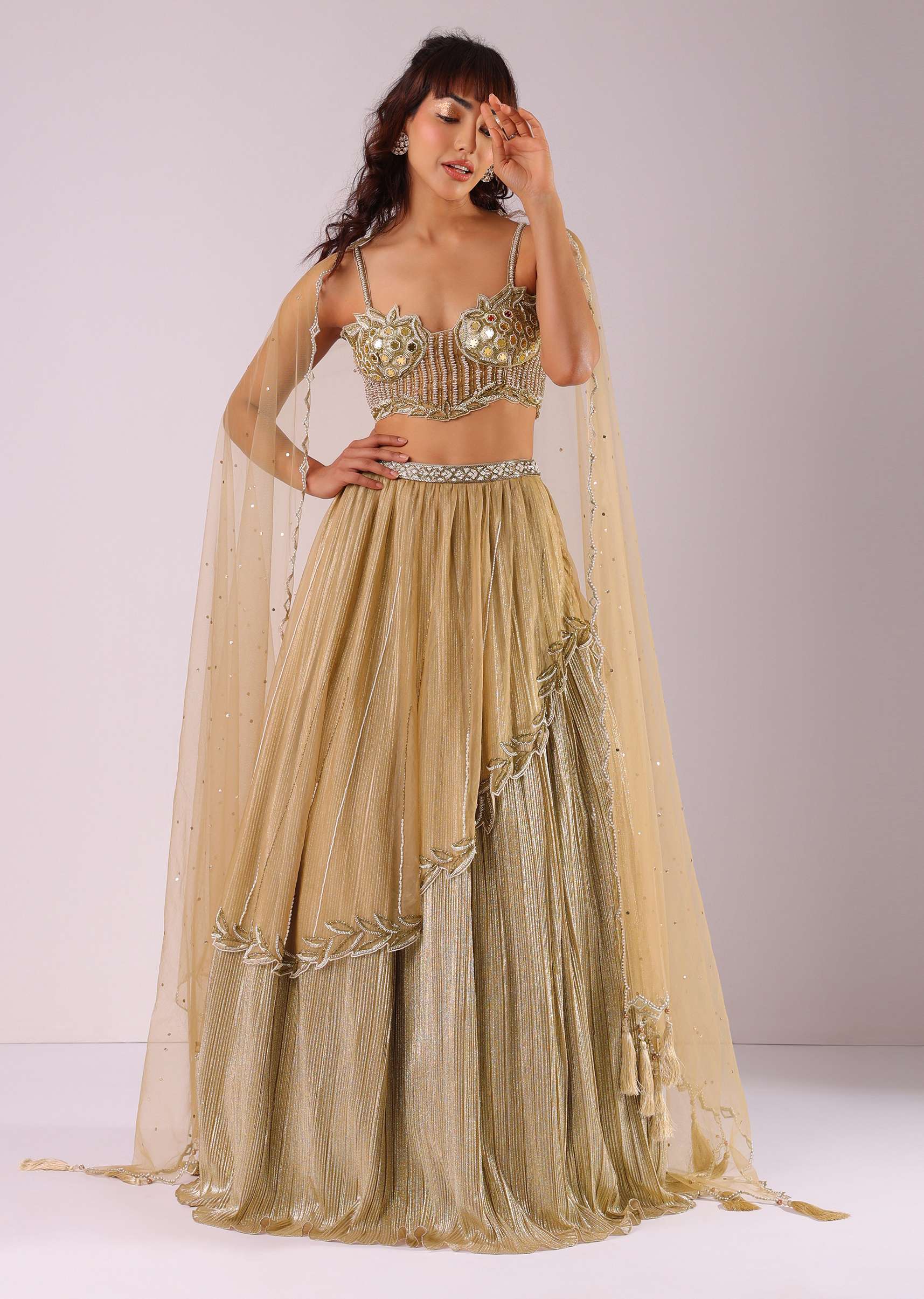 Glam Gold Embroidered Lehenga Set In Foil Knit Fabric