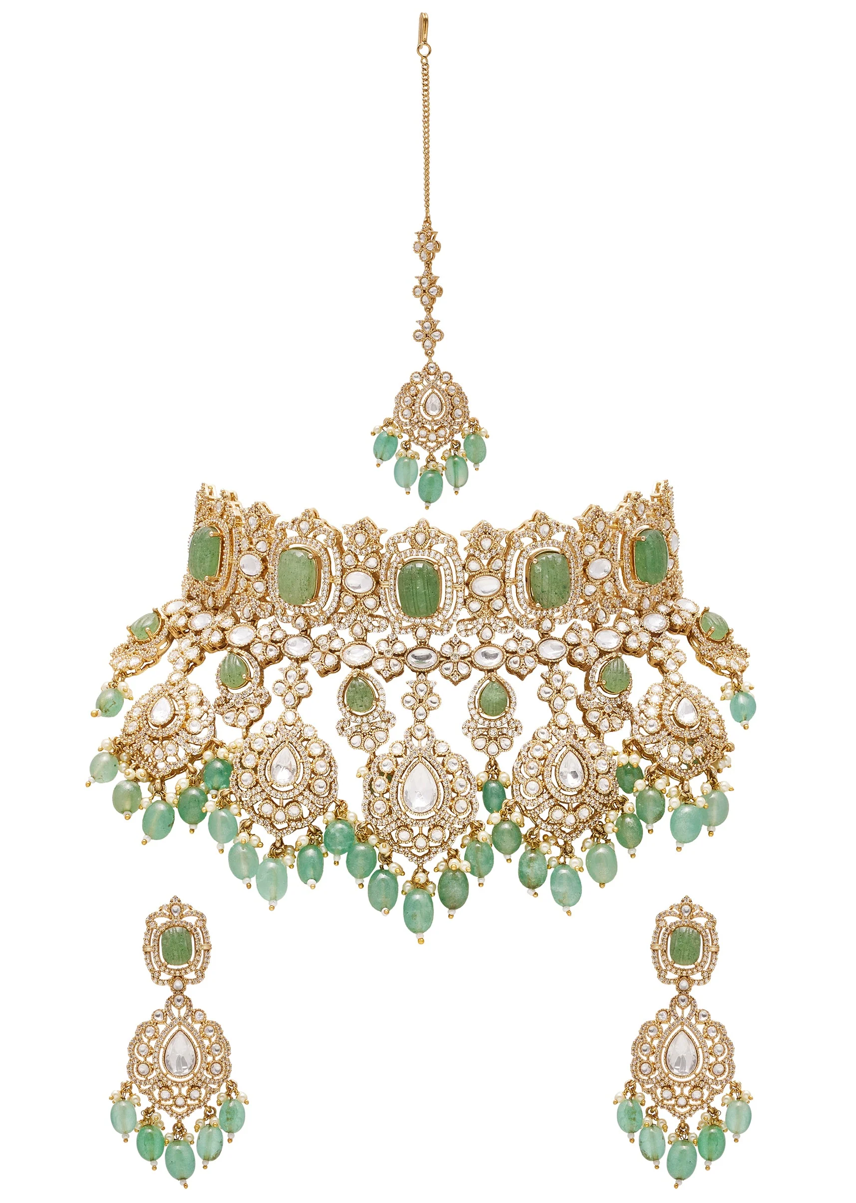 Mint Green And Gold Stone Necklace Set With Maangtikka