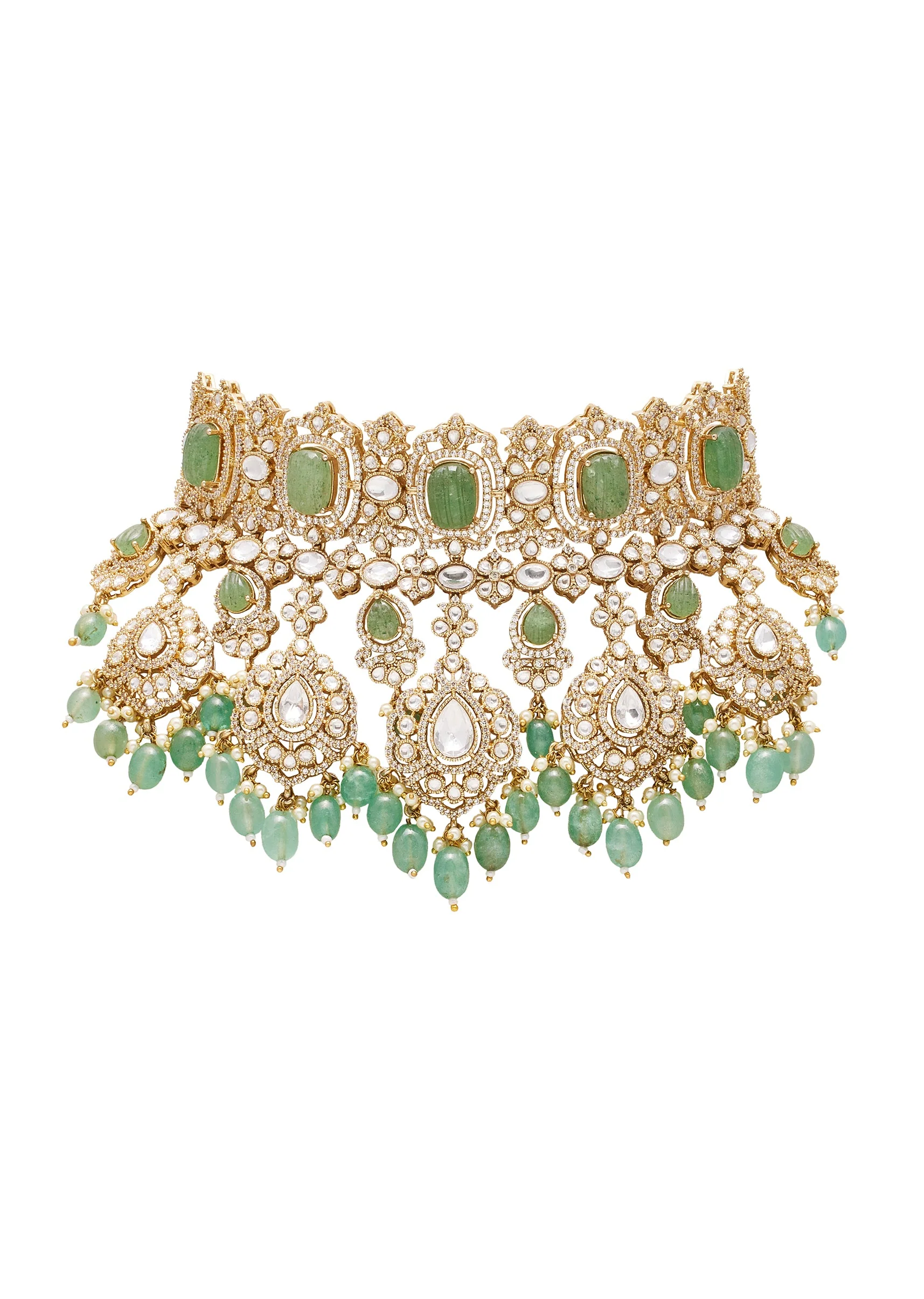 Mint Green And Gold Stone Necklace Set With Maangtikka