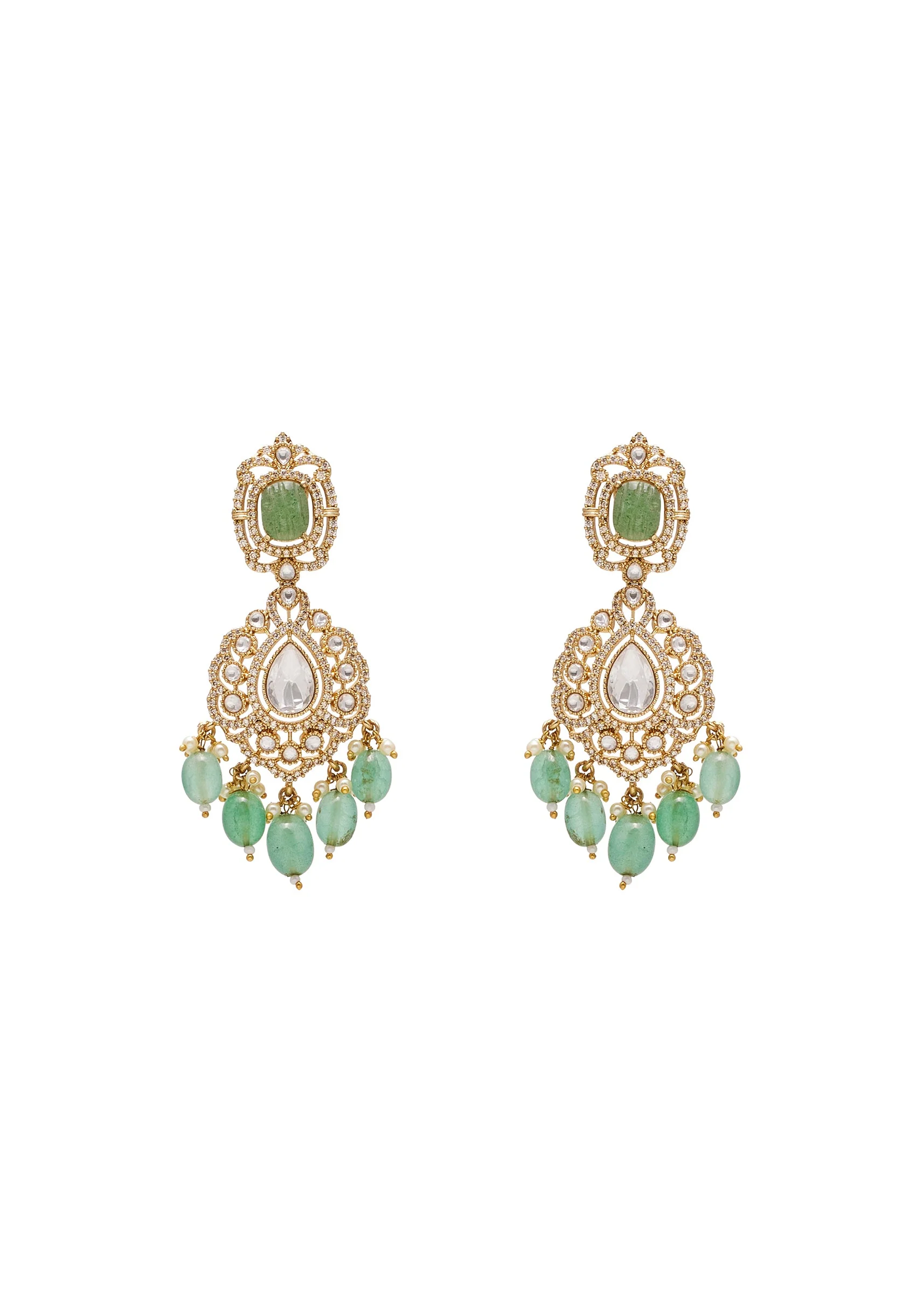 Mint Green And Gold Stone Necklace Set With Maangtikka