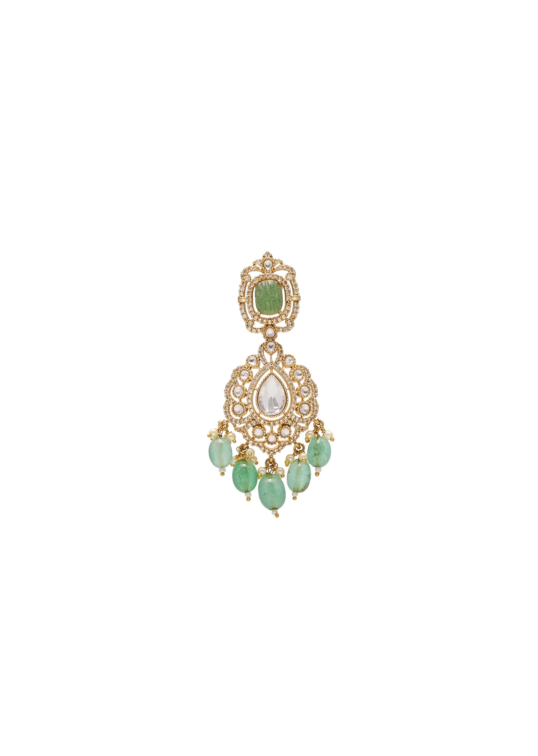Mint Green And Gold Stone Necklace Set With Maangtikka