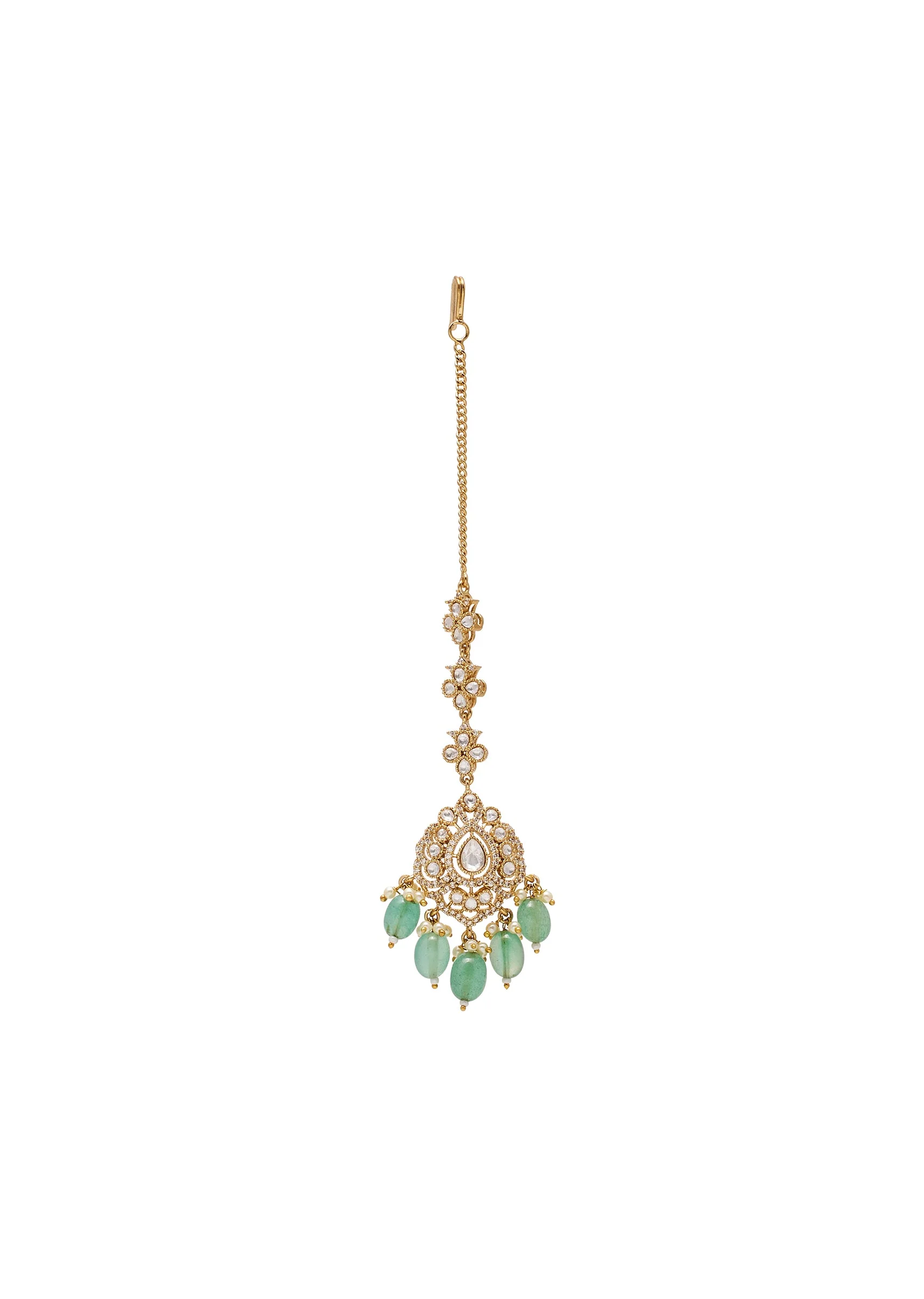 Mint Green And Gold Stone Necklace Set With Maangtikka