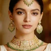 Green Stone And Bead Embellished Necklace Set With Maangtikka