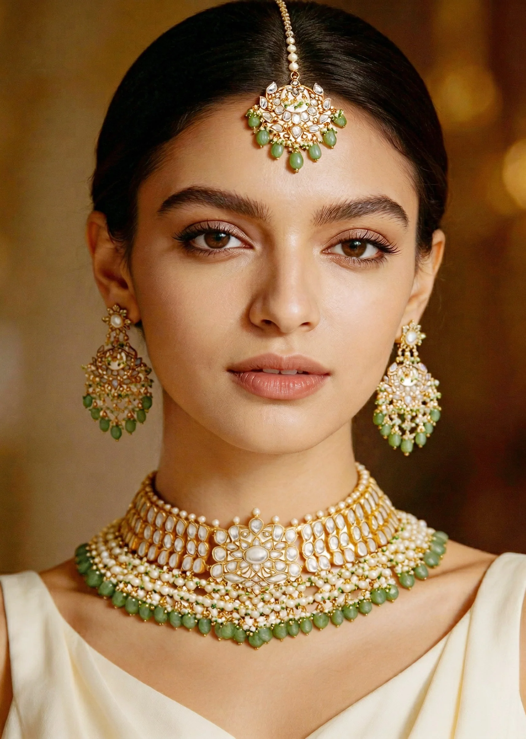Green Stone And Bead Embellished Necklace Set With Maangtikka