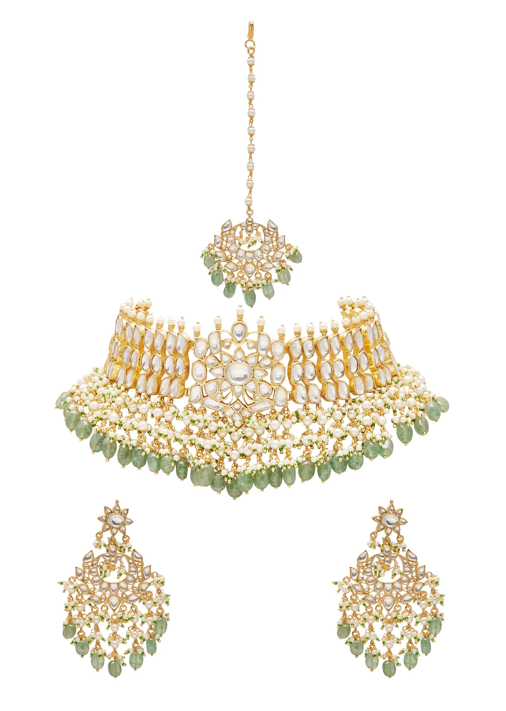 Green Stone And Bead Embellished Necklace Set With Maangtikka