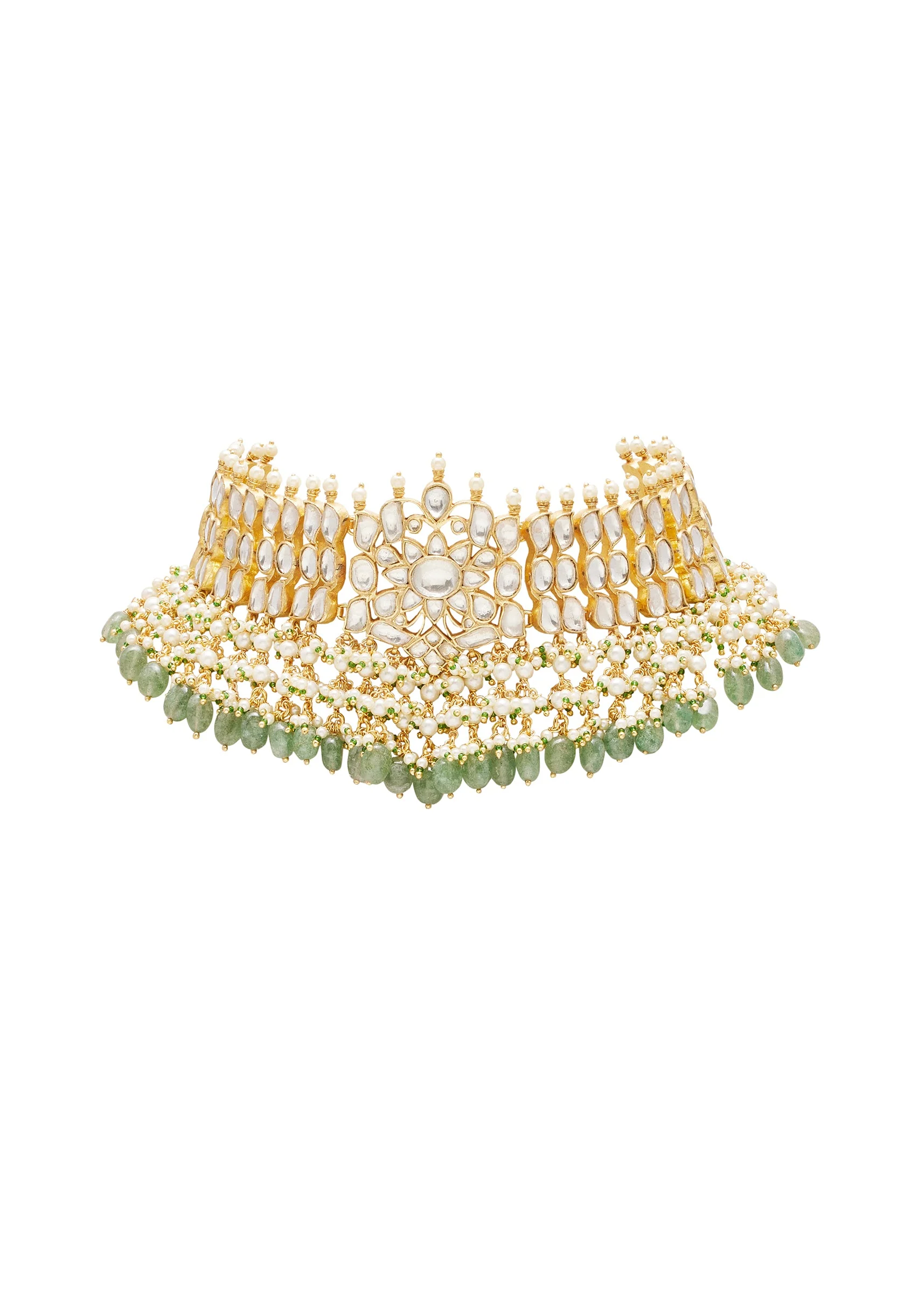 Green Stone And Bead Embellished Necklace Set With Maangtikka