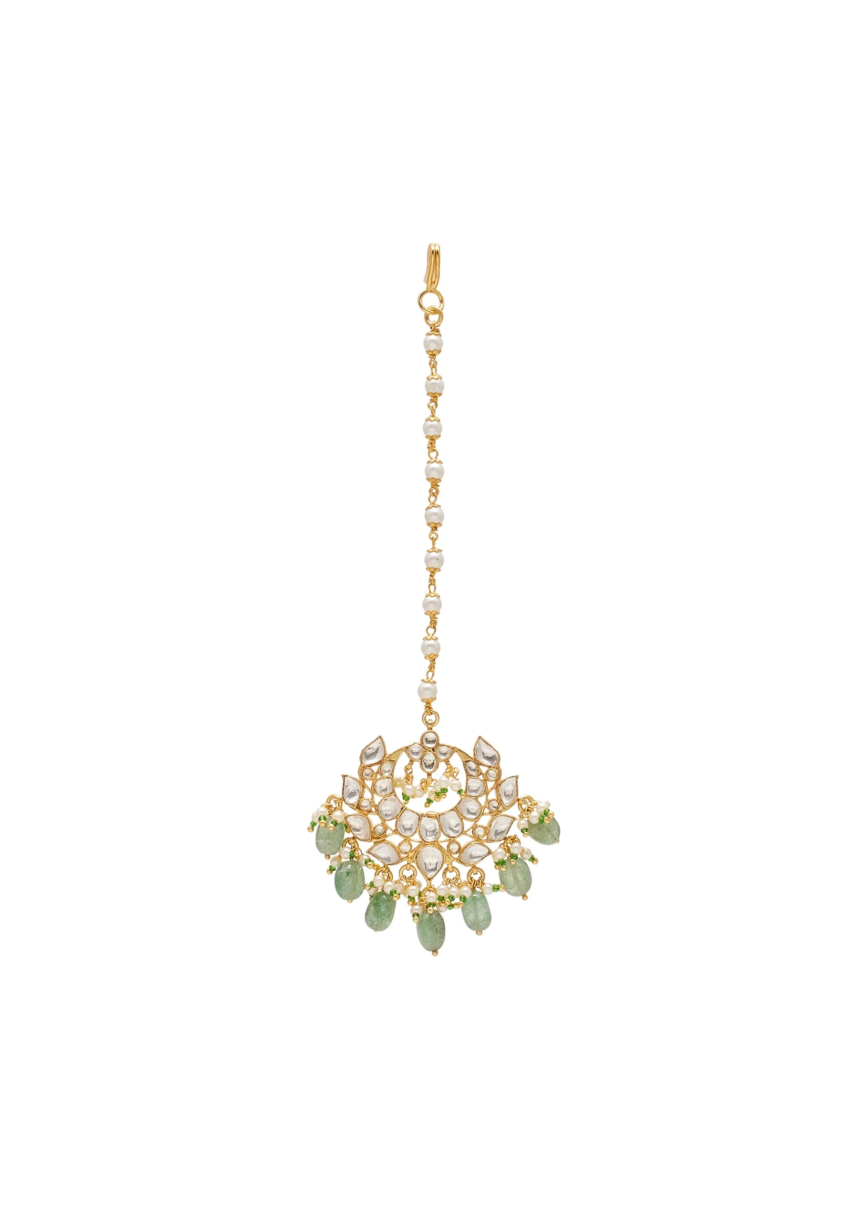 Green Stone And Bead Embellished Necklace Set With Maangtikka