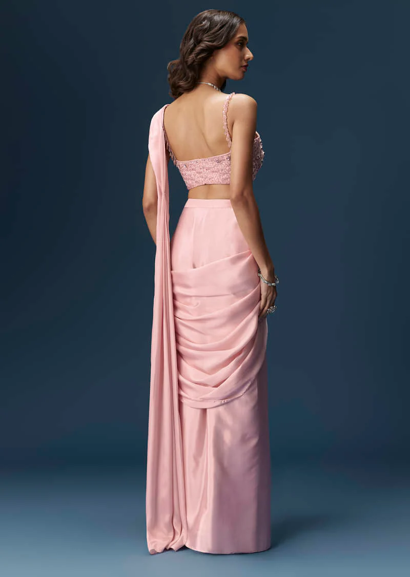 Pink Ready Pleated Saree With Embroidered Blouse