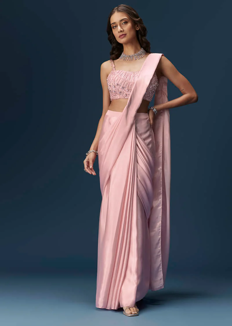 Pink Ready Pleated Saree With Embroidered Blouse