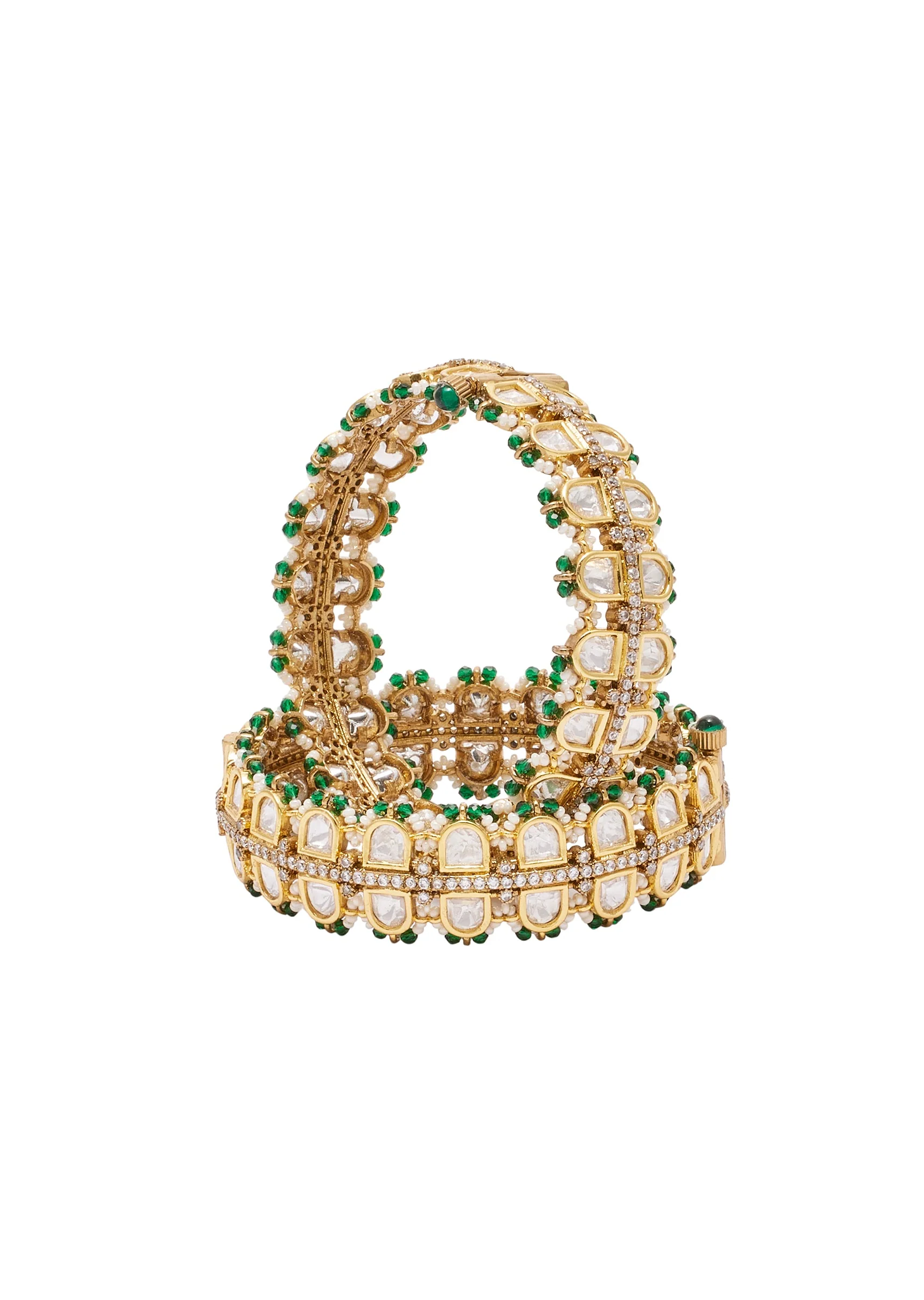 Green And Gold Stone Embellished Cutwork Bangle Set