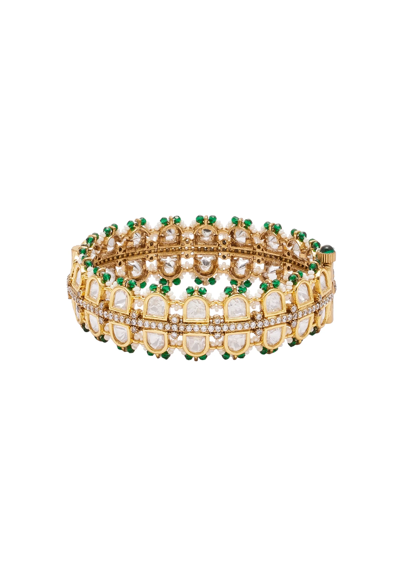 Green And Gold Stone Embellished Cutwork Bangle Set