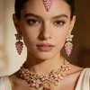 Red And Gold Floral Stone Necklace Set With Maangtikka