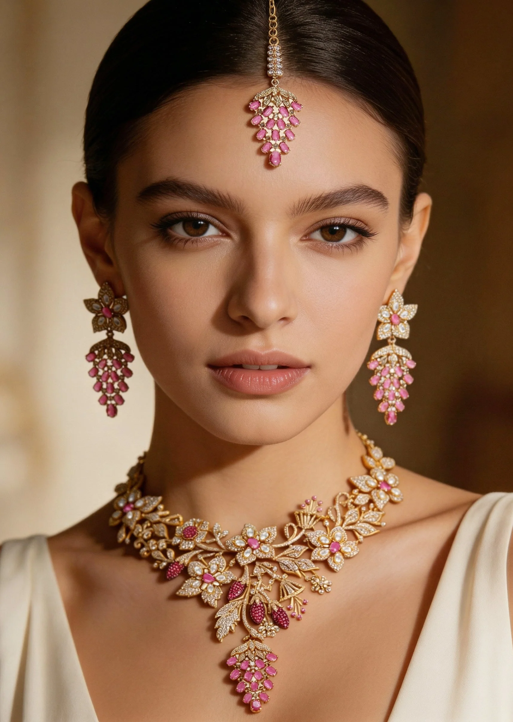Red And Gold Floral Stone Necklace Set With Maangtikka
