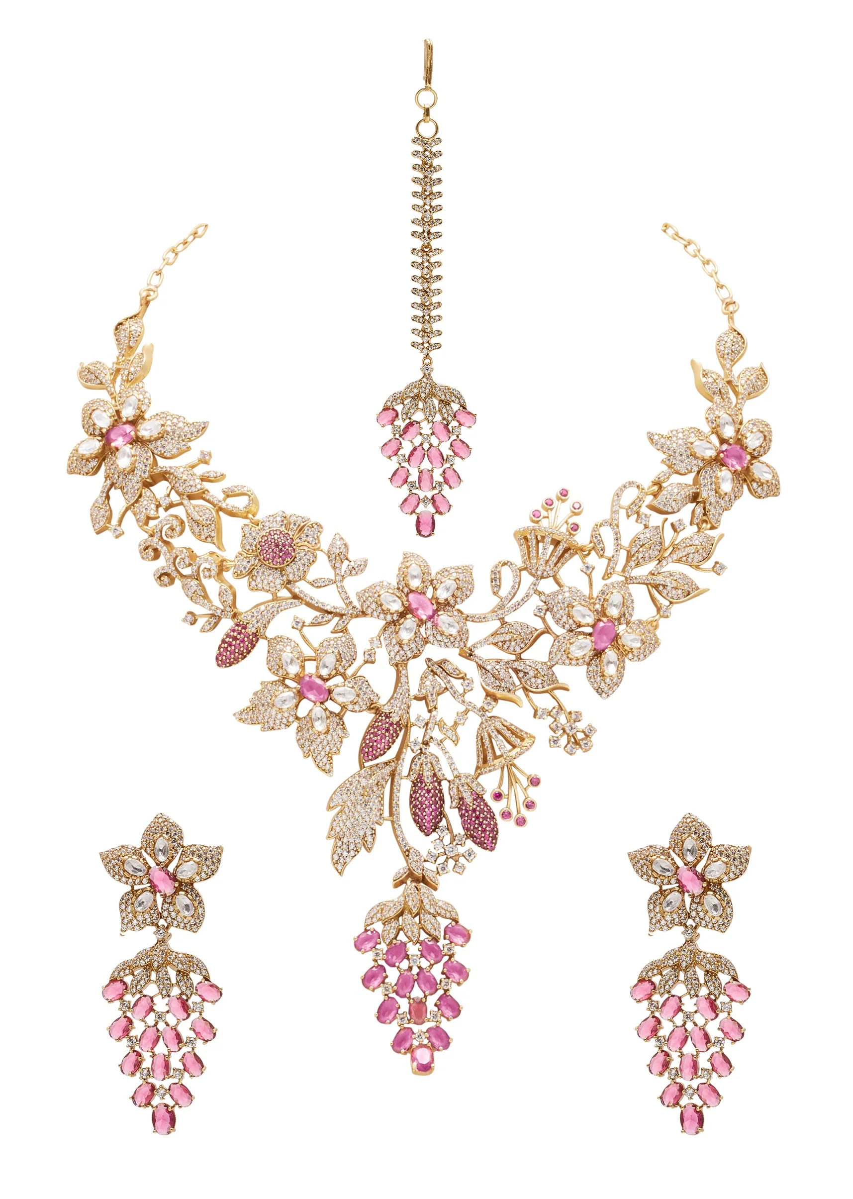 Red And Gold Floral Stone Necklace Set With Maangtikka