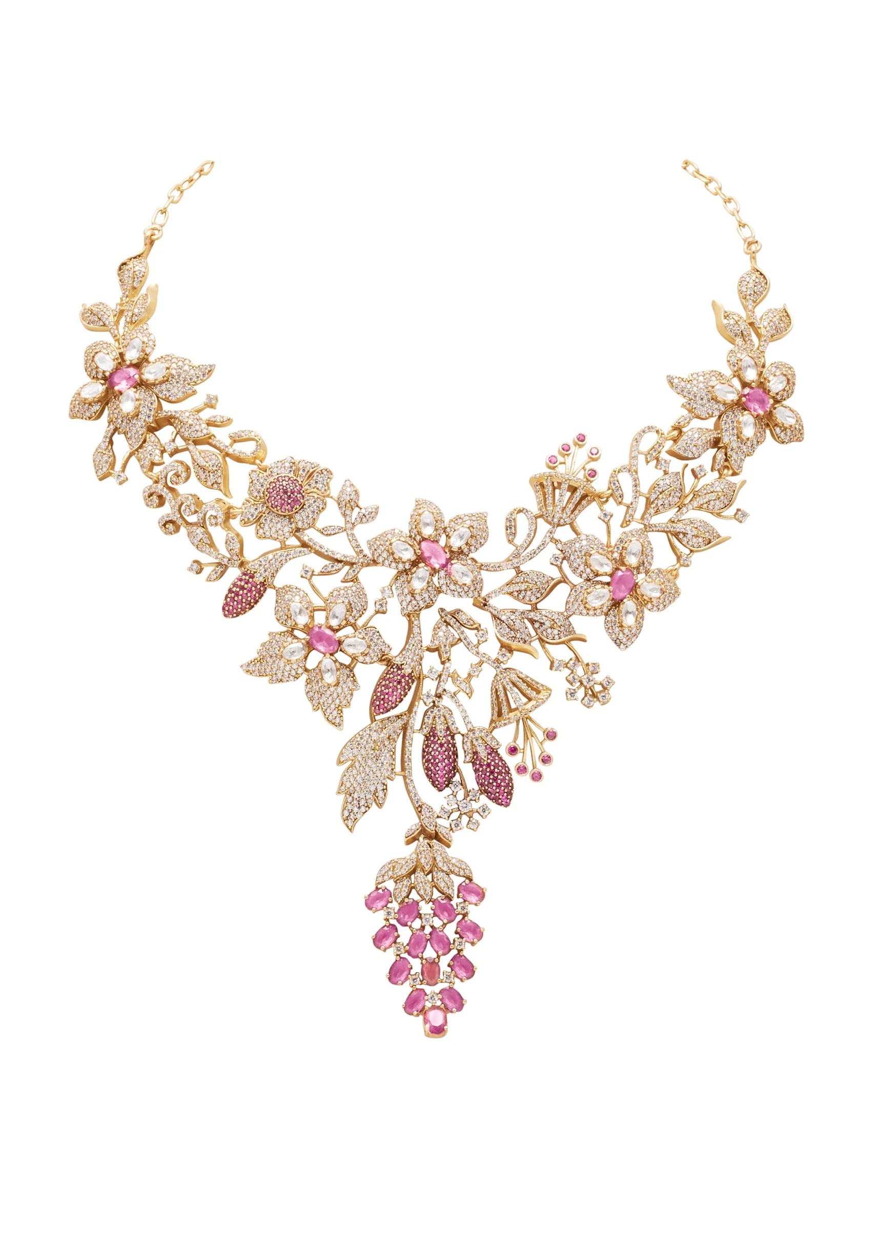 Red And Gold Floral Stone Necklace Set With Maangtikka