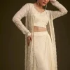 Off White Embroidered Croptop Skirt And Jacket Set
