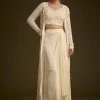 Off White Embroidered Croptop Skirt And Jacket Set