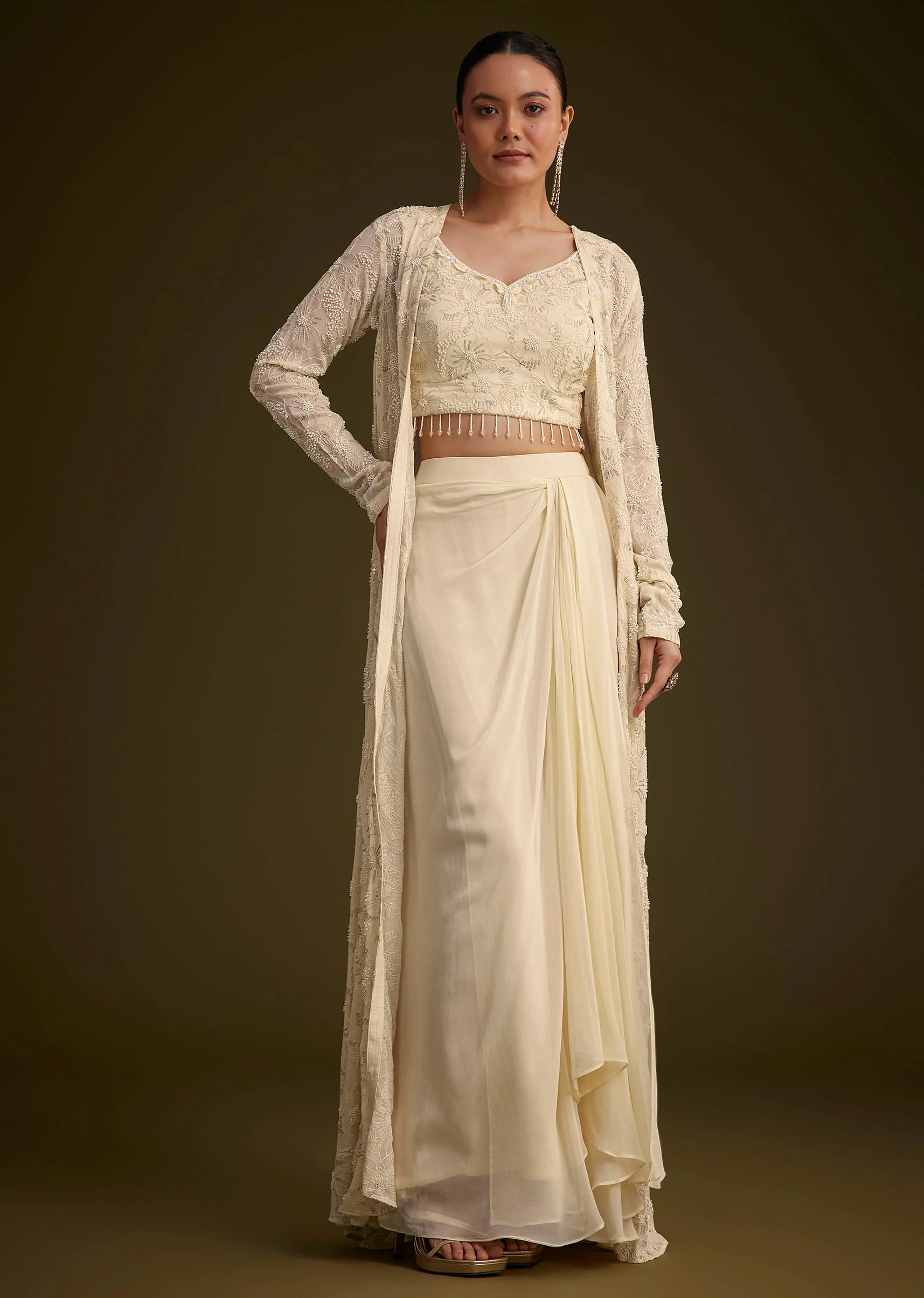 Off White Embroidered Croptop Skirt And Jacket Set