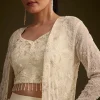 Off White Embroidered Croptop Skirt And Jacket Set