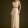 Off White Embroidered Croptop Skirt And Jacket Set