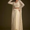 Off White Embroidered Croptop Skirt And Jacket Set