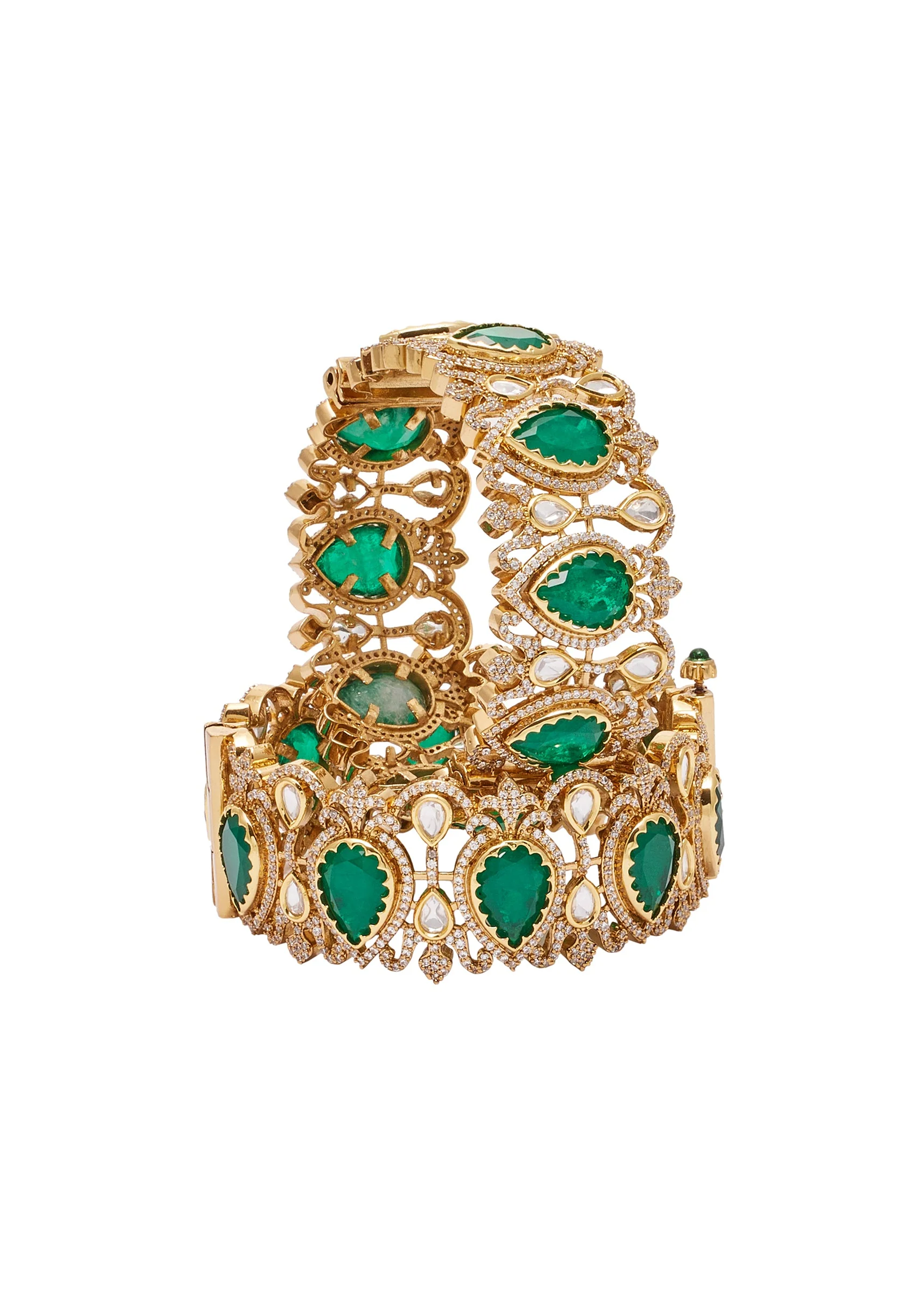 Green And Gold Stone Embellished Teardrop Bangle Set