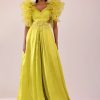 Sheen Green Jumpsuit With Ruffle Sleeves In Viscos Linen And Satin