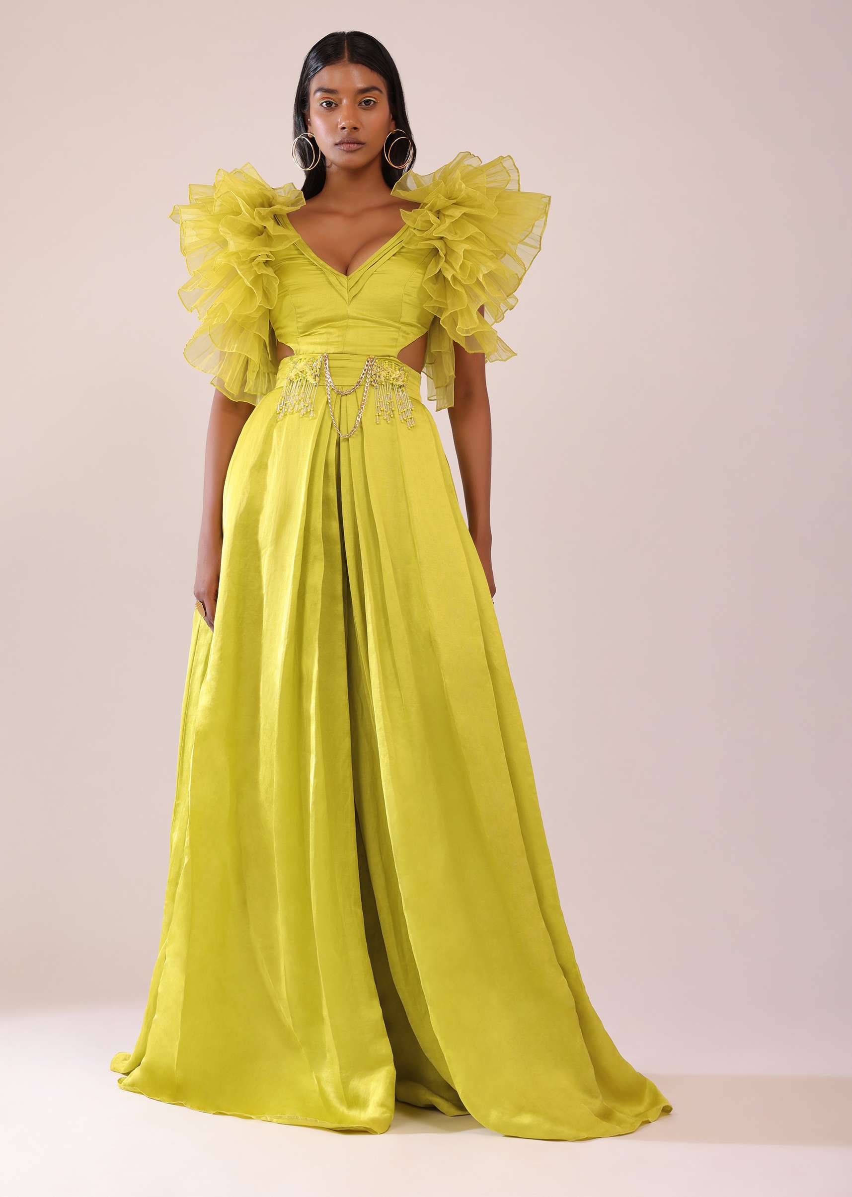 5576-sheen-green-jumpsuit-with-ruffle-sleeves-in-viscos-linen-and-satin-1.jpg Sheen Green Jumpsuit With Ruffle Sleeves In Viscos Linen And Satin