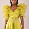 Sheen Green Jumpsuit With Ruffle Sleeves In Viscos Linen And Satin