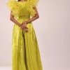 Sheen Green Jumpsuit With Ruffle Sleeves In Viscos Linen And Satin